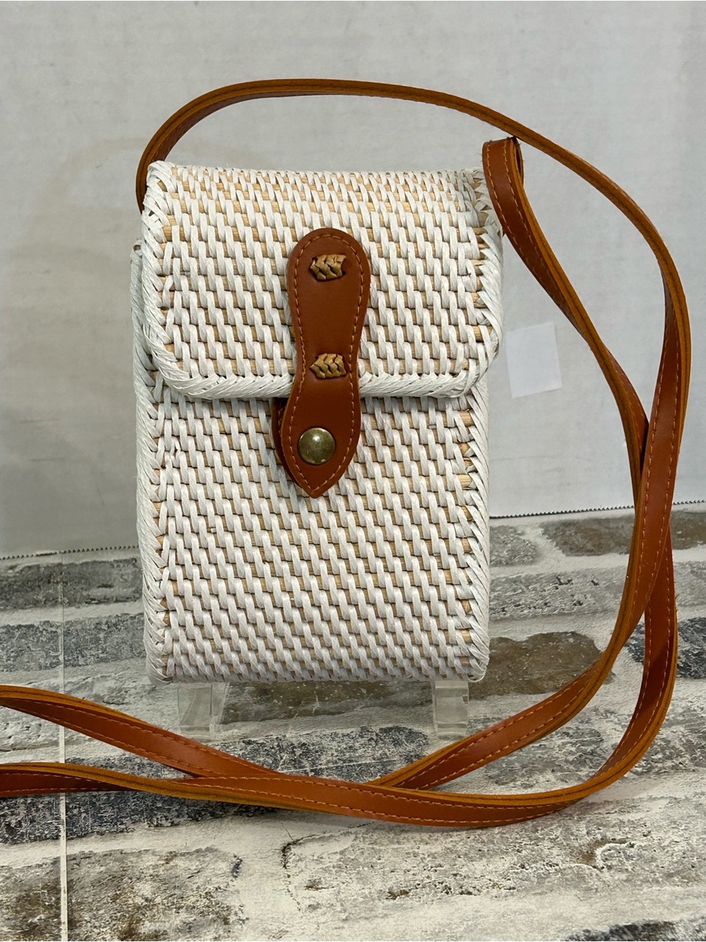 Woven Crossbody Phone Bag with Tan Leather Trim